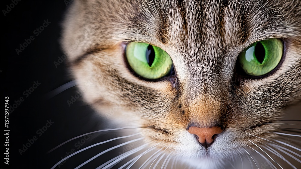 Close-up view shows a tabby cat with vibrant green eyes and detailed facial fur against a dark background. Close-up view shows a tabby cat with vibrant green eyes and detailed facial fur against a dark background.