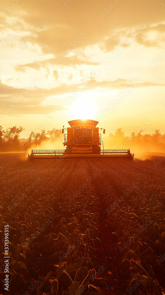 Fototapeta premium Photo of Golden Sunset Harvesting Combine in Field with Orange Sky