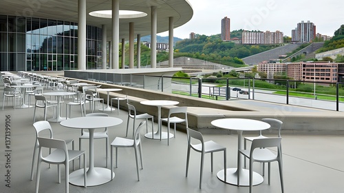 Modern outdoor seating area with tables and chairs near buildings