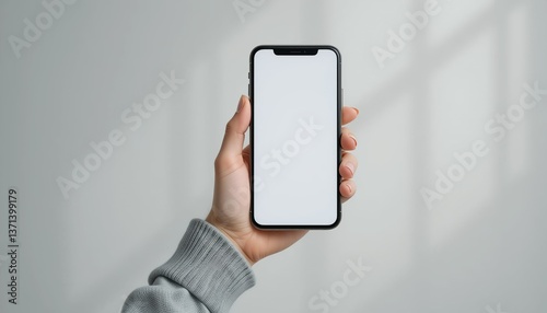 Man holding smartphone, Mobile Phone Mockup with Blank White Screen on Plain White Wall