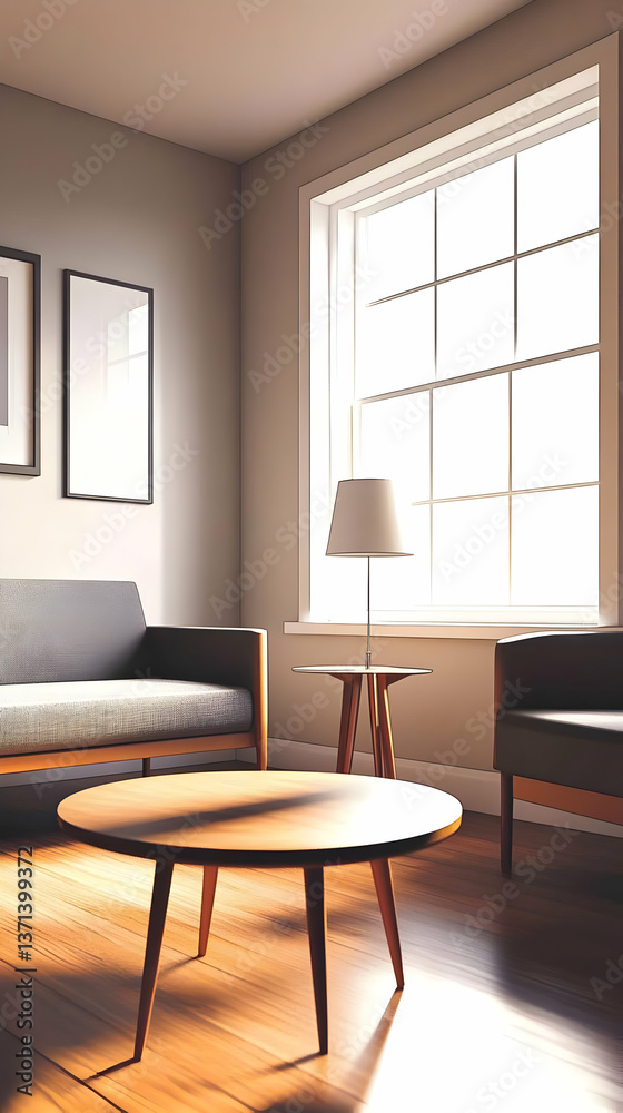 Fototapeta premium Photo of Interior Living Room with Sofa Window and Wooden Table