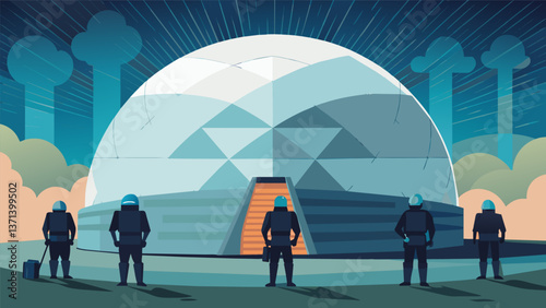 A massive futuristiclooking dome housing the reactor core guarded by armed security personnel.. Vector illustration
