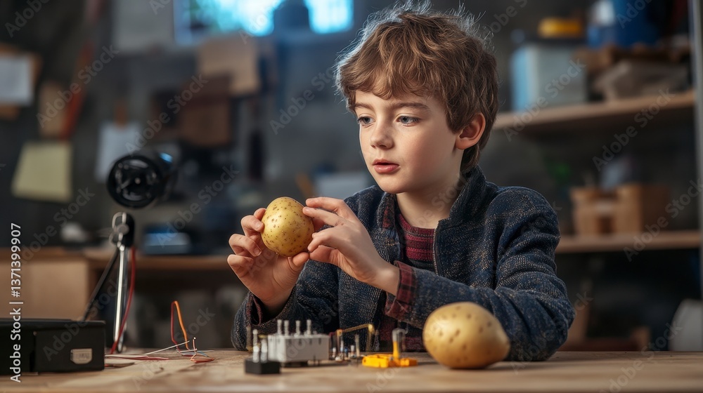 Fototapeta premium Young Boy Engineer Building a Robot with Golden Spheres