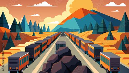 A bustling rail yard with train cars filled to the brim with coal and minerals waiting to transport them to processing plants.. Vector illustration