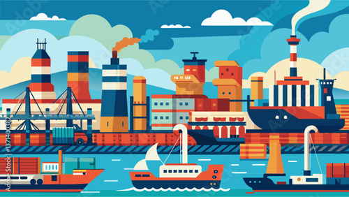 A bustling industrial port with ships docked at massive terminals each one equipped with stateoftheart heat recovery technology helping to minimize. Vector illustration