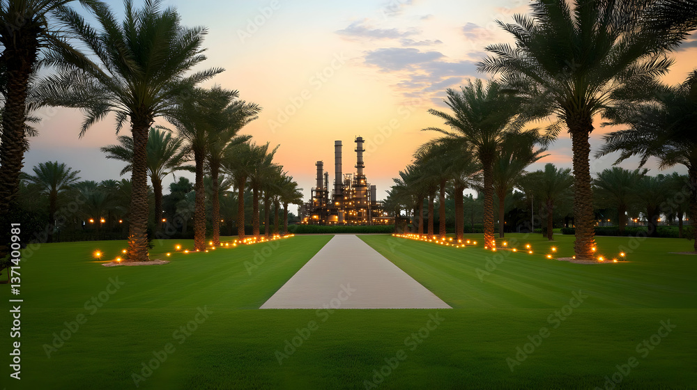 Obraz premium Photo of Palm-lined Pathway Leading to Industrial Site at Sunset with Golden Light