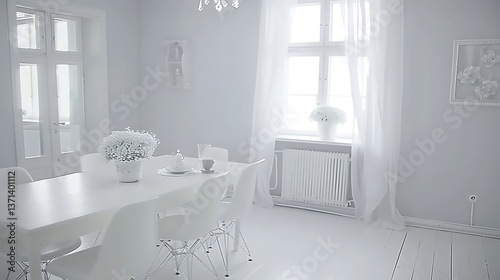 A bright and airy interior dining room with minimal decorations