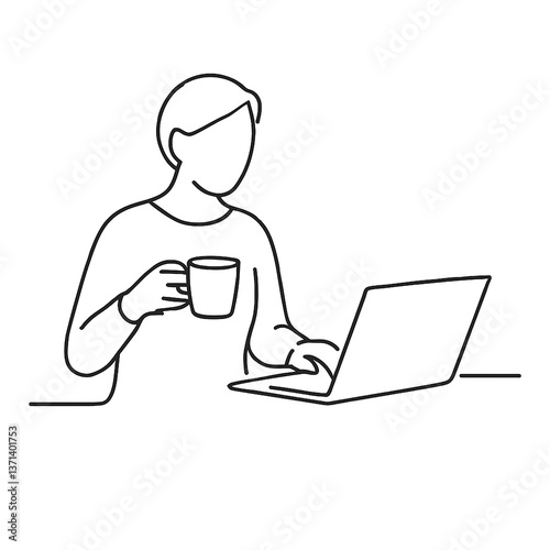 カップを手に持ちながらノートパソコンを操作している人物の線画イラストです。シンプルなラインで表現されており、在宅勤務やリモートワークの場面を連想させます。