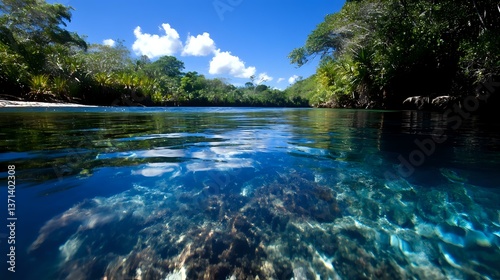 Tranquil tropical lagoon with crystal clear turquoise water showing split view above and below surface, lush green forest shoreline and white clouds reflected in calm waters.