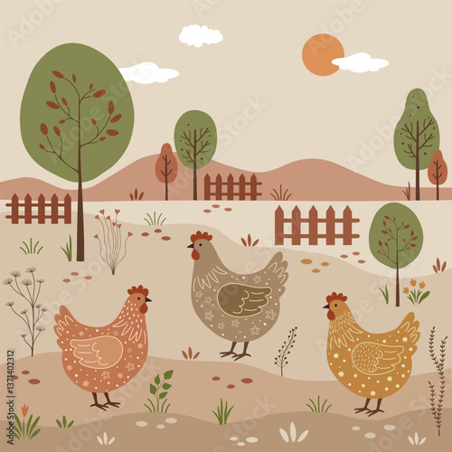 Rural landscape.  Floral pattern with cute cartoon colorful chickens  on white background
