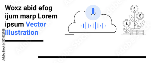 Microphone within cloud symbolizing voice recognition with sound waves. Plants sprouting from coins represent financial growth and innovation. Ideal for technology, finance, AI, communication