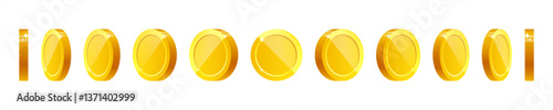 3d realistic golden coins in different views rotating vertically and horizontally. Shiny blank gold coins vector 10 eps.