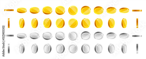 3D set golden and silver coins with different angles. Symbol of gold and wealth. Stock vector illustration on isolated background. Vector realistic coins.