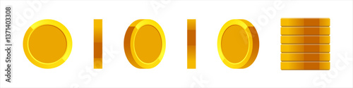 Set of rotating gold coins isolated on a white background. Set of icons of gold coins rotating in different angles for animation. Set of gold coins. Vector 10 eps.