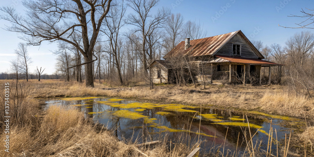 A weathered farmhouse stands solitary, reflecting in a tranquil pond, a testament to time's passage and nature's gentle reclaim, under a clear spring sky. A weathered farmhouse stands solitary, reflecting in a tranquil pond, a testament to time's passage and nature's gentle reclaim, under a clear spring sky.
