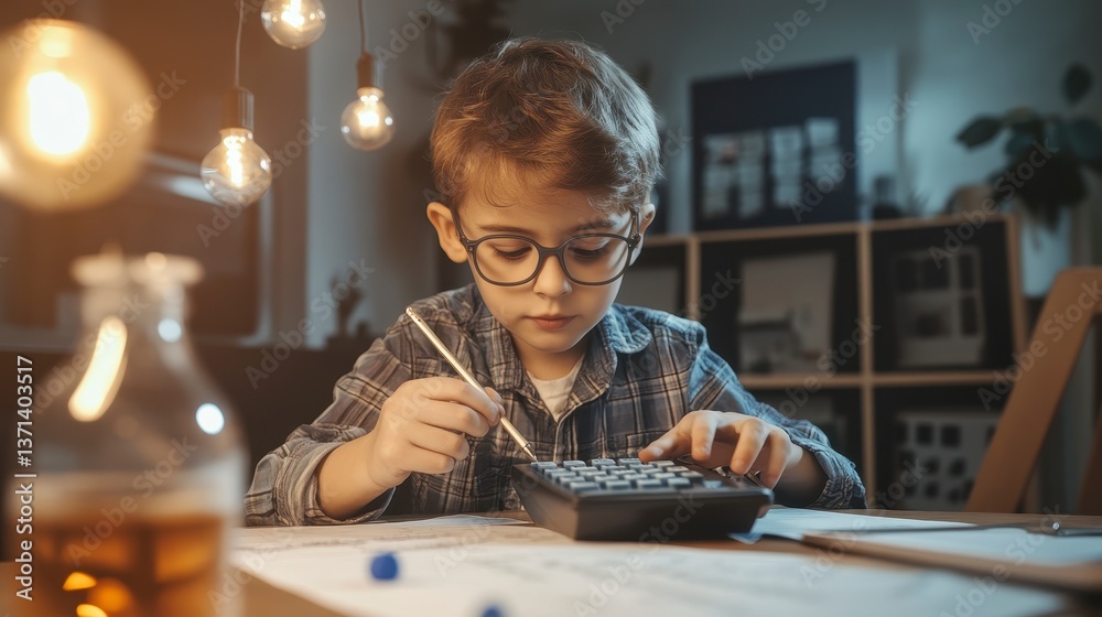 Concentrated Young Boy Using Calculator at Home Desk