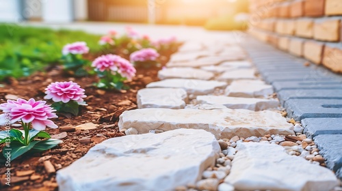 Stone path flowers and garden setting in bright sunlight outdoors