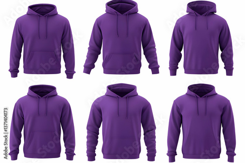 Photorealistic 3D Purple Hoodies In Front And Side View On White Background