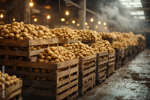 Inside a large storage warehouse, massive wooden crates overflow with fresh potatoes, awaiting distribution to local markets and restaurants Generative AI