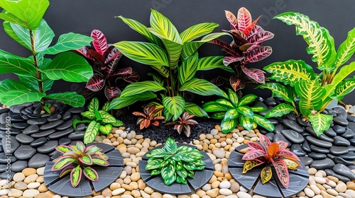 Lush tropical foliage with varied colors and vibrant decorative stones