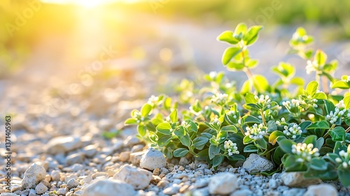 A ground level close up showcasing small green plants and gravel