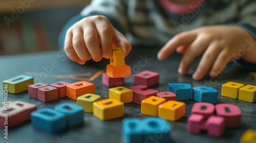 Toddler Playing with Colorful Wooden Number Blocks