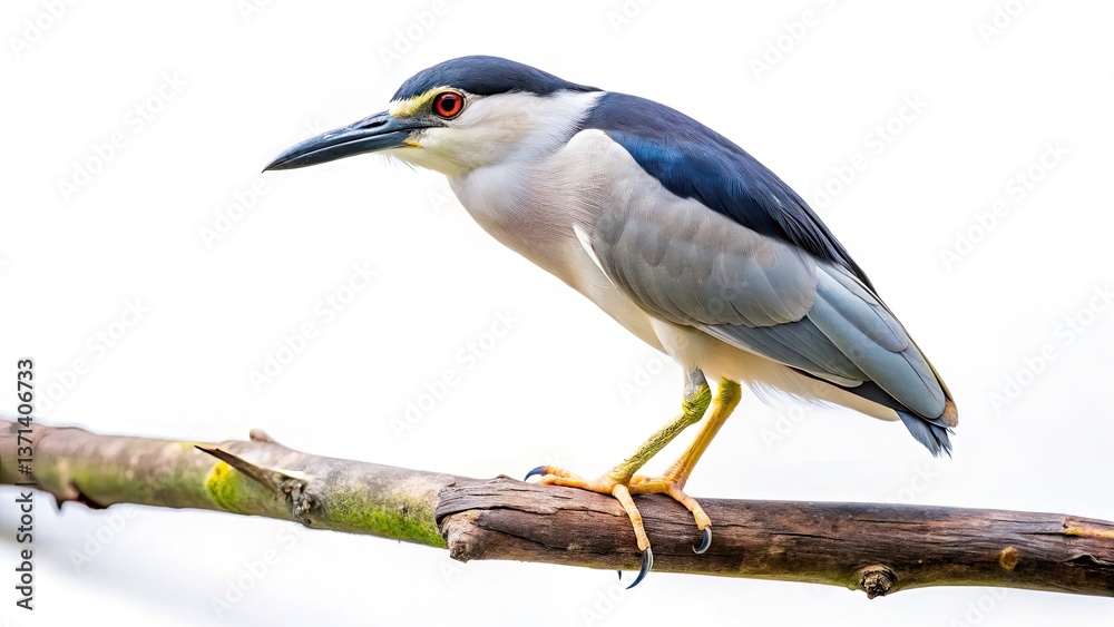 Fototapeta premium Black-crowned Night Heron Bird Photography, Wildlife Nature Image, High Depth of Field, Bird on Branch, Nycticorax Nycticorax, Night Heron Perch, Detailed Bird Photo, Avian Wildlife