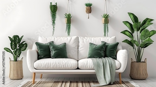 Modern living room interior design featuring plants and comfortable seating arrangements