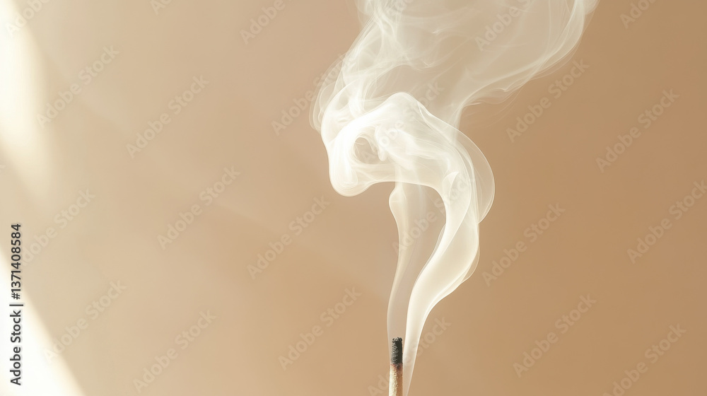 A poetic image of incense burning, rising stream of smoke forming ethereal shapes, set against a soft and seamless light brown gradient