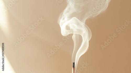 Obraz na płótnie A poetic image of incense burning, rising stream of smoke forming ethereal shapes, set against a soft and seamless light brown gradient w salonie