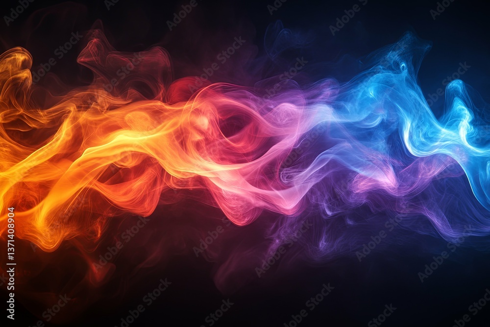 Abstract depiction of colorful swirling smoke against a black background Abstract depiction of colorful swirling smoke against a black background
