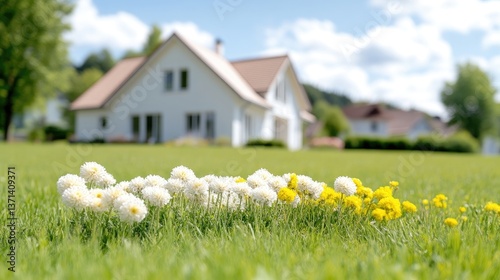Flowers house background bright summer day, shallow depth field photography, horizontal idyllic view, spring blooms, vibrant sunny mood, real estate marketing