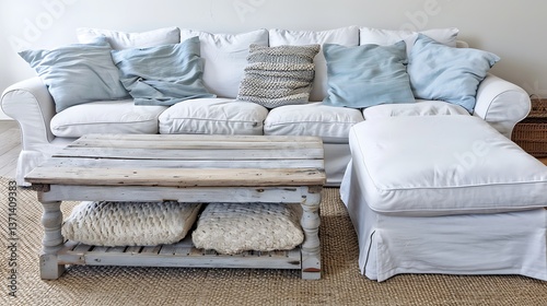 A cozy living room with a white sofa and blue pillows