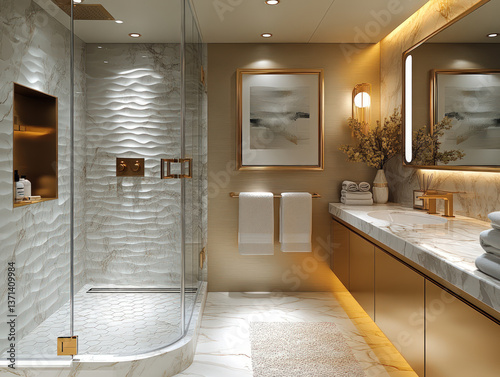 Elegant Modern Bathroom with Golden Accents and Soft Lighting
