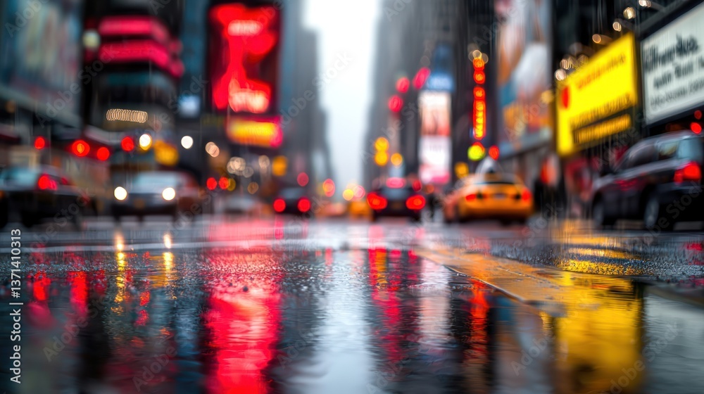 Vibrant urban scene in Times Square featuring wet streets reflecting colorful lights and traffic Vibrant urban scene in Times Square featuring wet streets reflecting colorful lights and traffic
