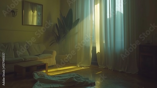Sunlight streams into a living room through sheer white curtains