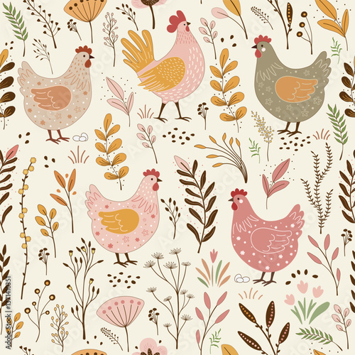 Floral seamless pattern with cute cartoon chickens  on white background