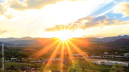 Bright sun beaming down on a scenic vista with mountains