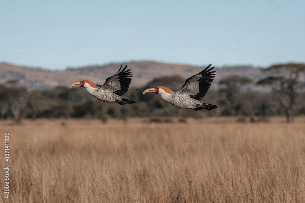 Fototapeta premium Two birds flying in the sky over a field of tall grass