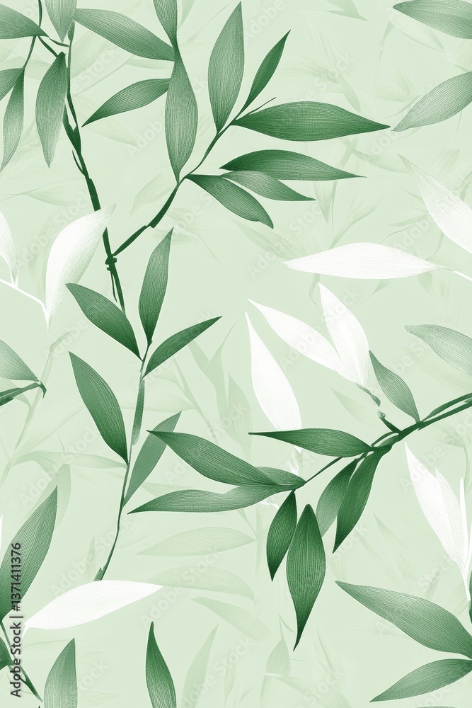 Hand-drawn white bamboo leaves pattern on a light green background, with hand-drawn lines Hand-drawn white bamboo leaves pattern on a light green background, with hand-drawn lines
