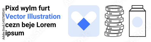 Heart-shaped capsules with coins stacked beside a milk carton, representing healthcare, savings, wellness, pharmaceutical solutions, financial planning, nutrition, and a clean, simple landing page