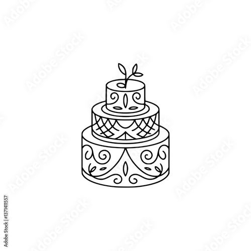 Elegant Line Art Wedding Cake Icon with Floral Details