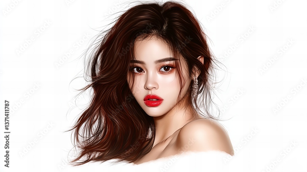 Digital woman displays glossy red lipstick and flowing brown hair against a white backdrop. Digital woman displays glossy red lipstick and flowing brown hair against a white backdrop.
