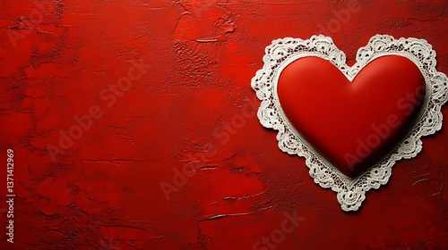 A red heart on a red surface surrounded by lace details