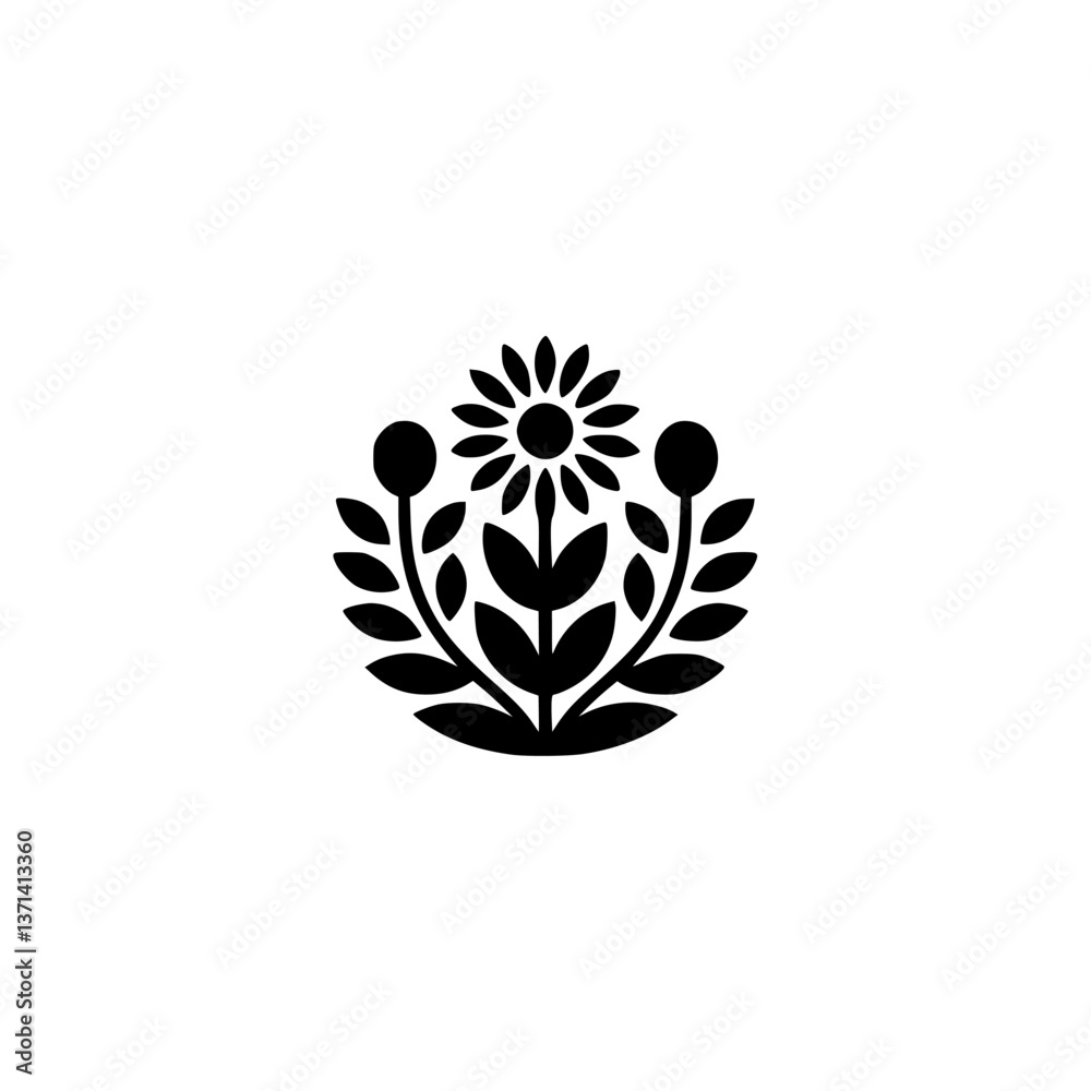 Obraz premium Minimalist Black Floral Emblem on White Background