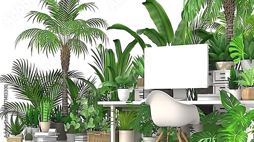 A lush home office filled with various indoor plants and equipment