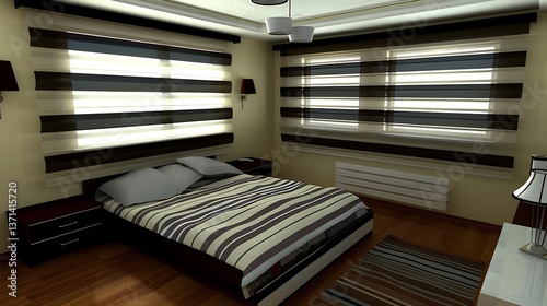 A modern bedroom featuring a bed and window shades