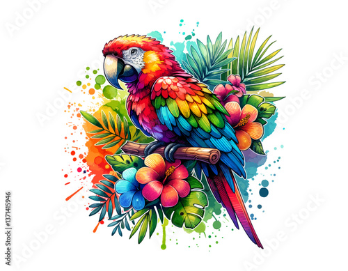 A colorful watercolor painting of a macaw surrounded by tropical flowers and lush greenery.