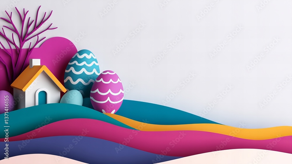 Easter eggs and a small house sit on layered colorful paper hills with a tree against a plain background.