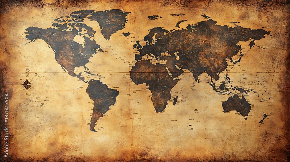 Fototapeta premium Vintage World Map on Distressed Parchment Background with Compass Rose Depicting Global Exploration.